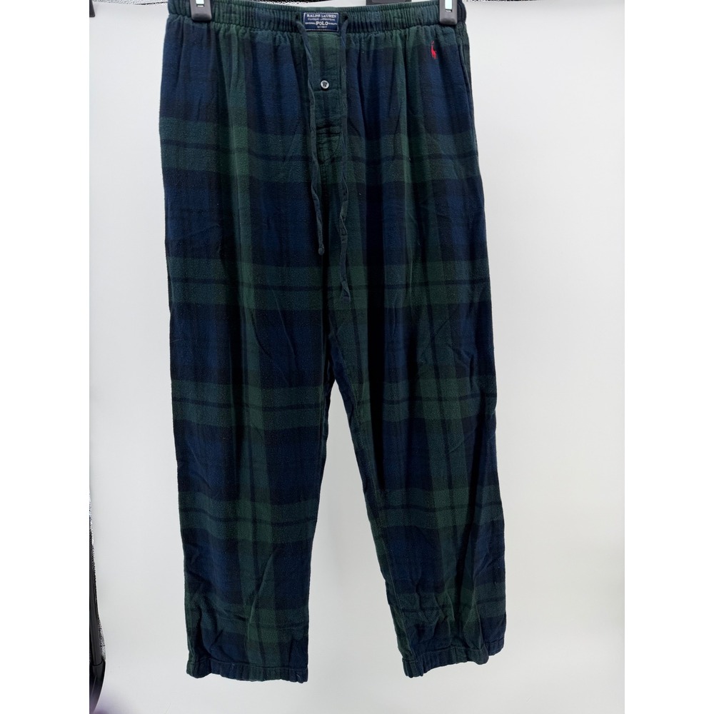 Polo Ralph Lauren Mens Flannel Pajama Pants Green Blue Plaid Cotton Large L GUC